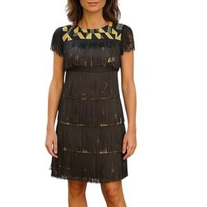 Maggy London Womens Vintage Fringe Silk Cocktail Mini Dress